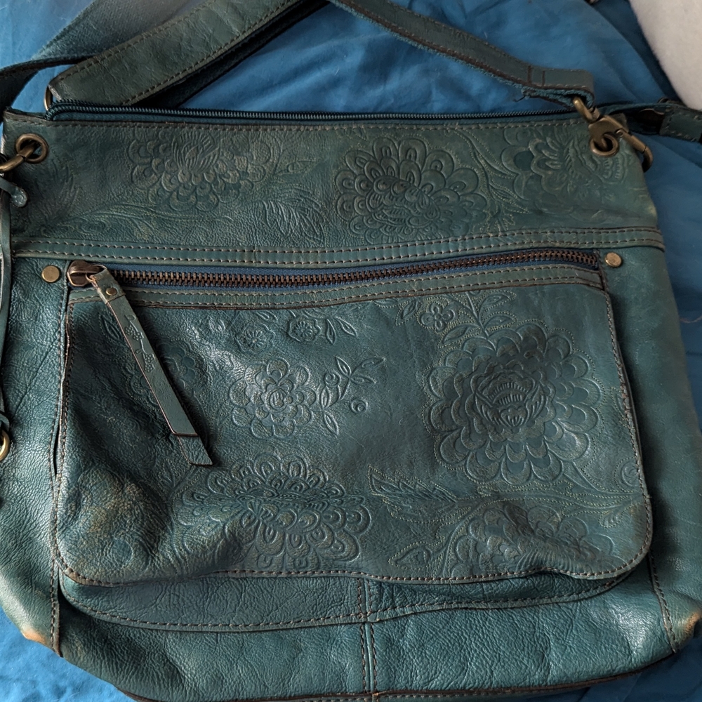 Floral Embossed Green REAL Leather Bag